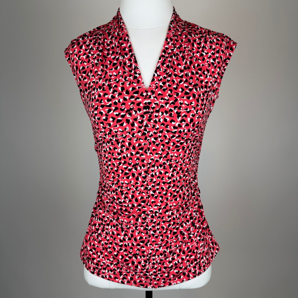 Vince Camuto Coral Red Geometric Ruched Sleeveless Blouse Womens Sz Small Career